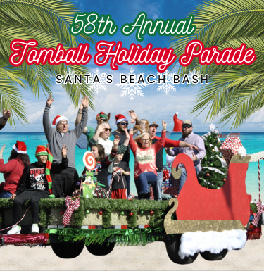 picture of people in a Christmas parade float with a beach background