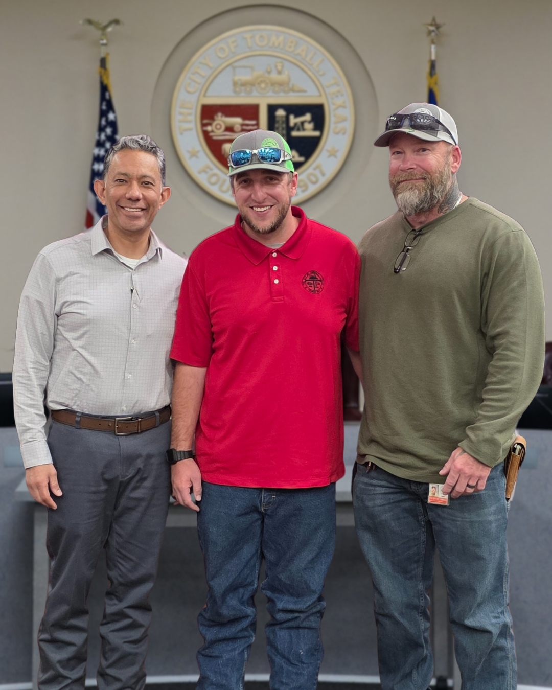 Image of 2025 Employees of the Year, Johnny Scheible and Jeremy Dueitt, with City Manager